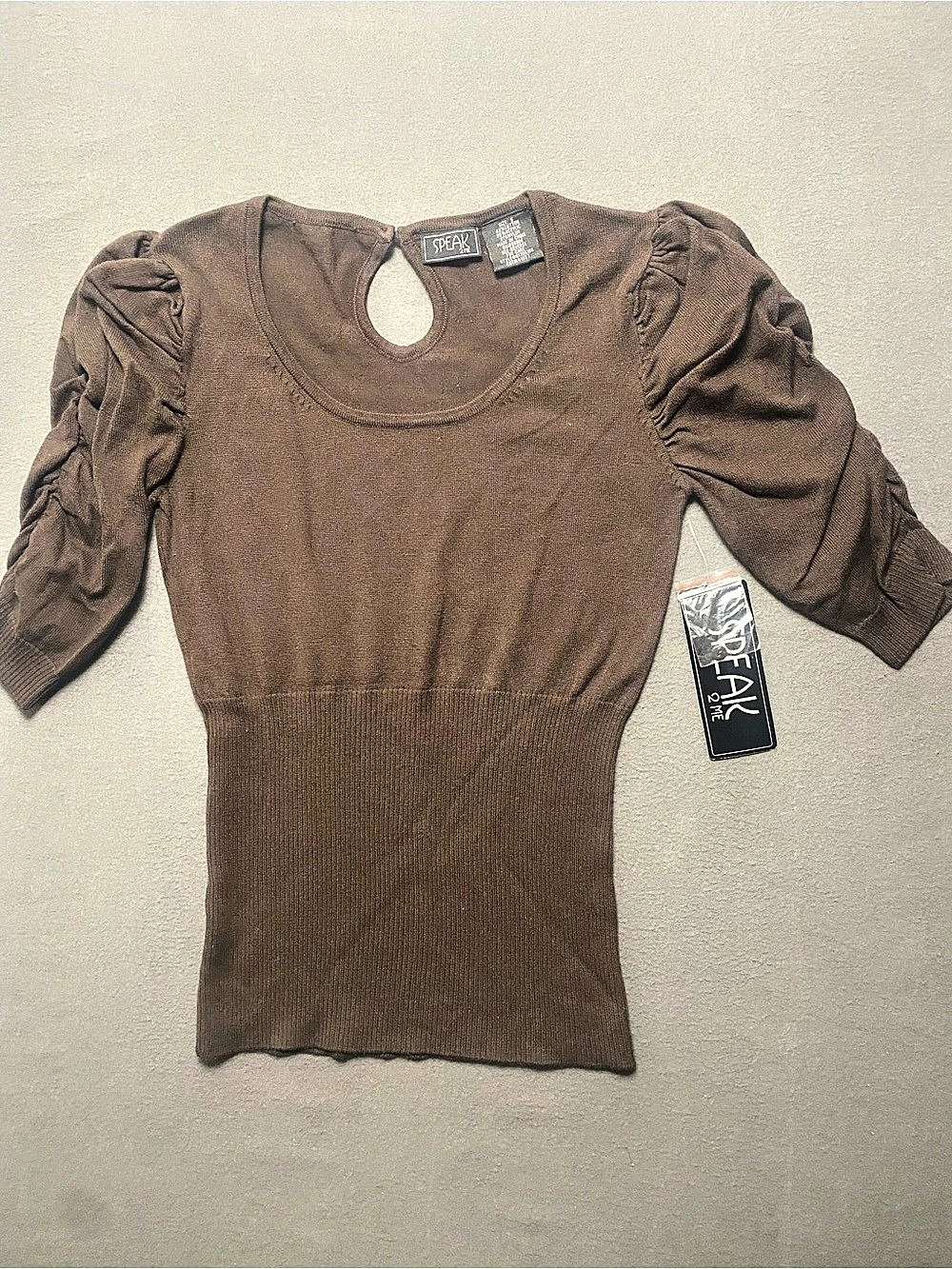 SPEAK 2 Me Puff Sleeve Brown Knit Blouse Size Small NWT